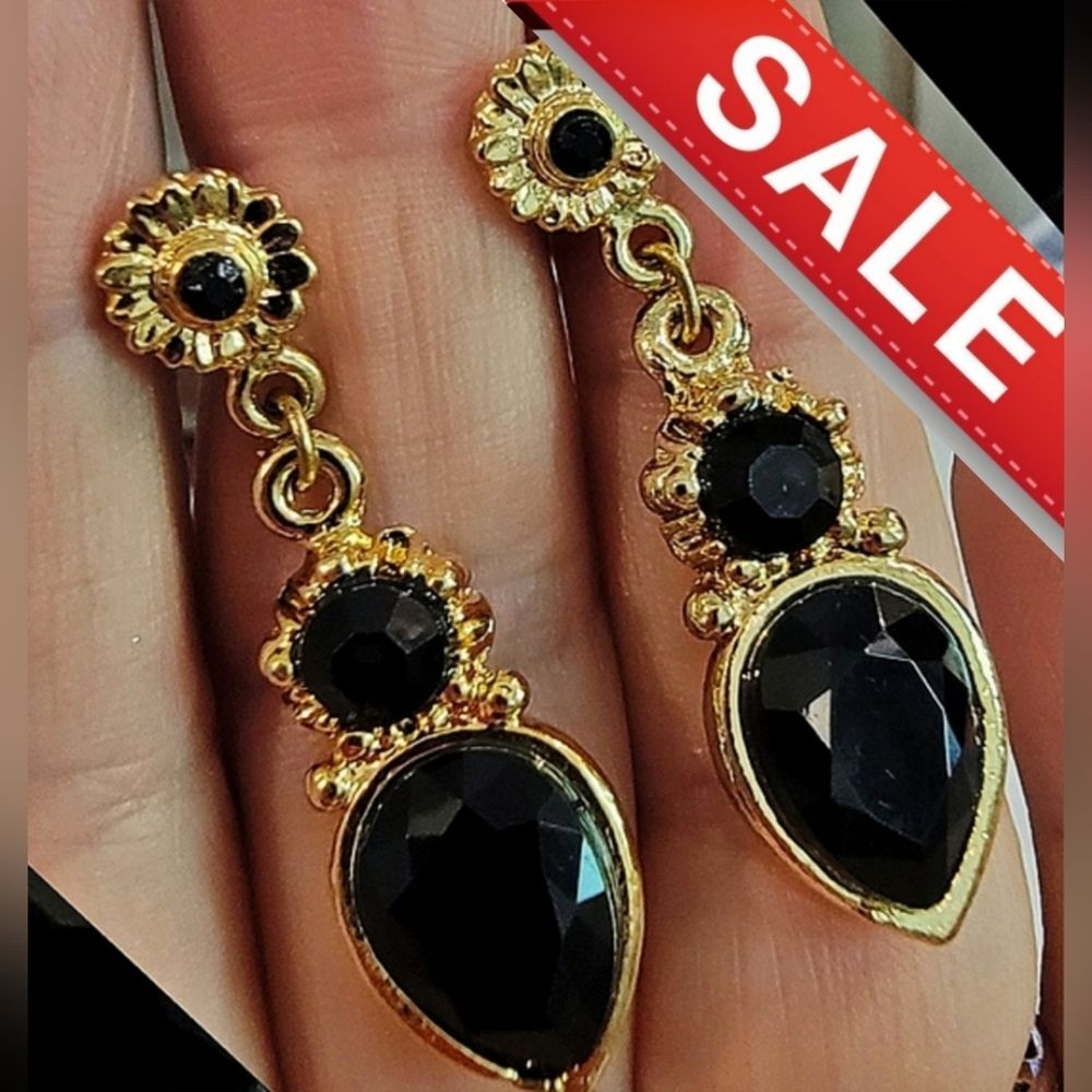 Jet Black Onyx Teardrop Faceted Gold Tone Drop Dangle Earrings 1.62" long